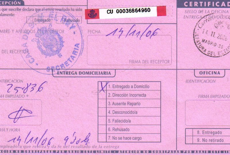 Envío Certificado al Palacio de la Zarzuela, 14 de noviembre de 2006
