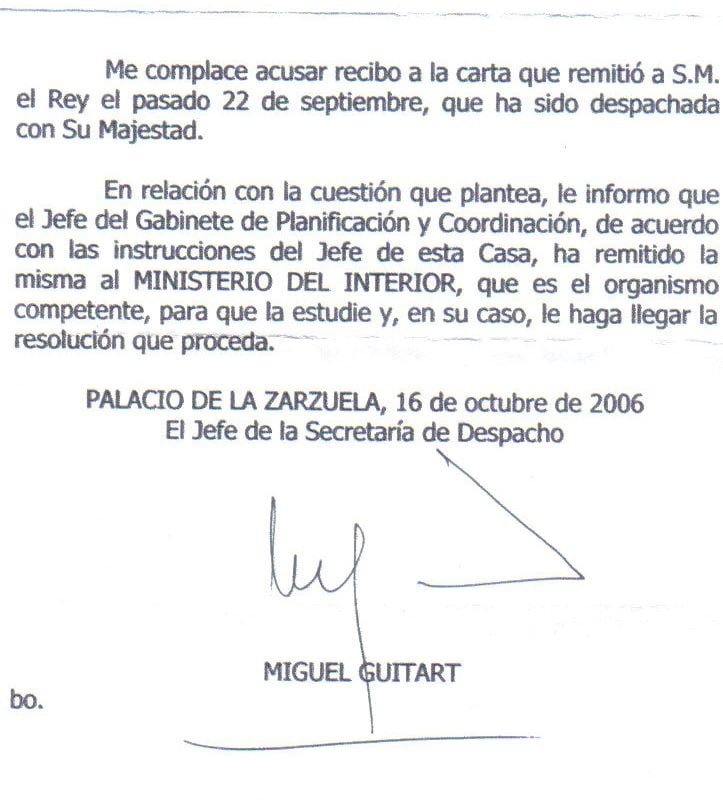 Respuesta del Palacio de la Zarzuela el 22 de Septiembre de 2006