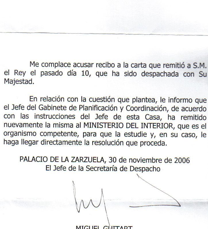 Respuestas del Palacio de la Zarzuela el 30 de noviembre de 2006