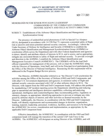 Memorandum para los comandantes superiores de liderazgo del Pentágono, Comandantes de agencias de defensa y directores de actividades de campo.