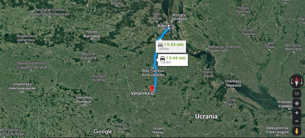 Distancia entre Kiev y Vinarivka. Fuente: Google Maps