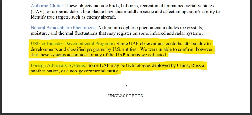 Recorte de la página 5, del informe del Director de la Oficina de Inteligencia estadounidense, "Preliminary Assessment:
Unidentified Aerial Phenomena"